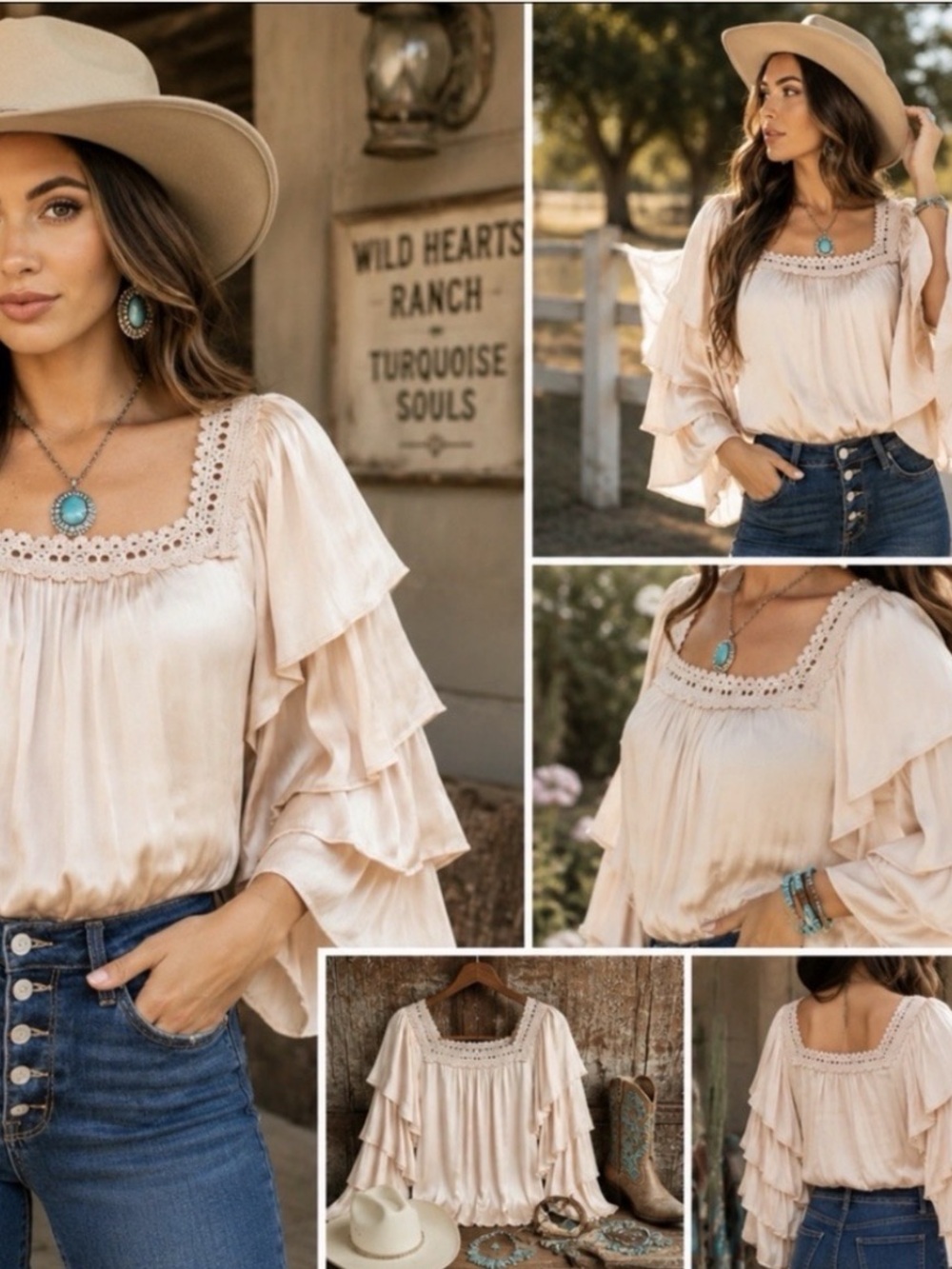 Boutique Blush Champagne Ruffle Sleeve Boho Coastal Cowgirl Blouse